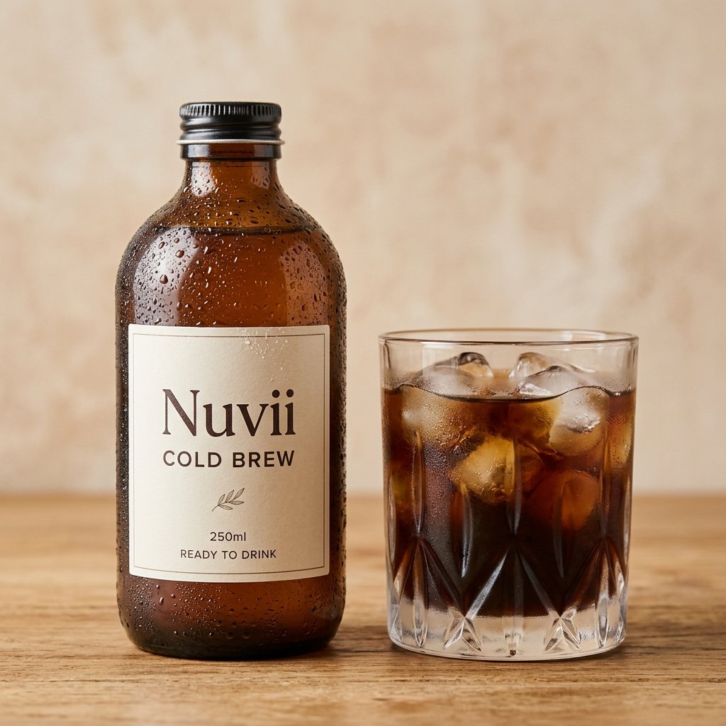 Amber bottle of cold brew coffee served over clear ice tumbler