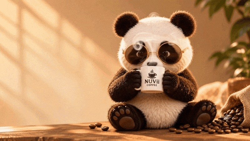Panda drinking hot Nuvii coffee