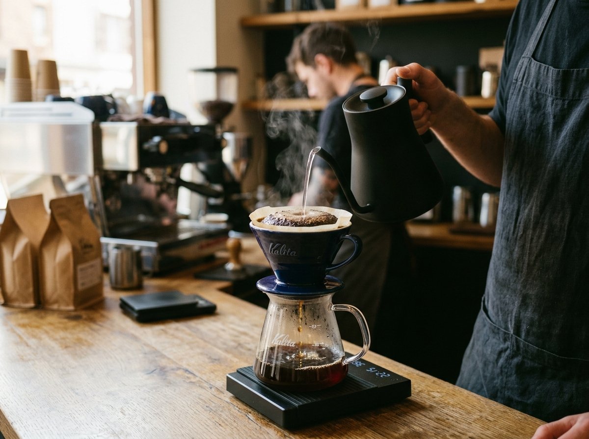 Pour-over coffee brewing in action with kettle and dripper
