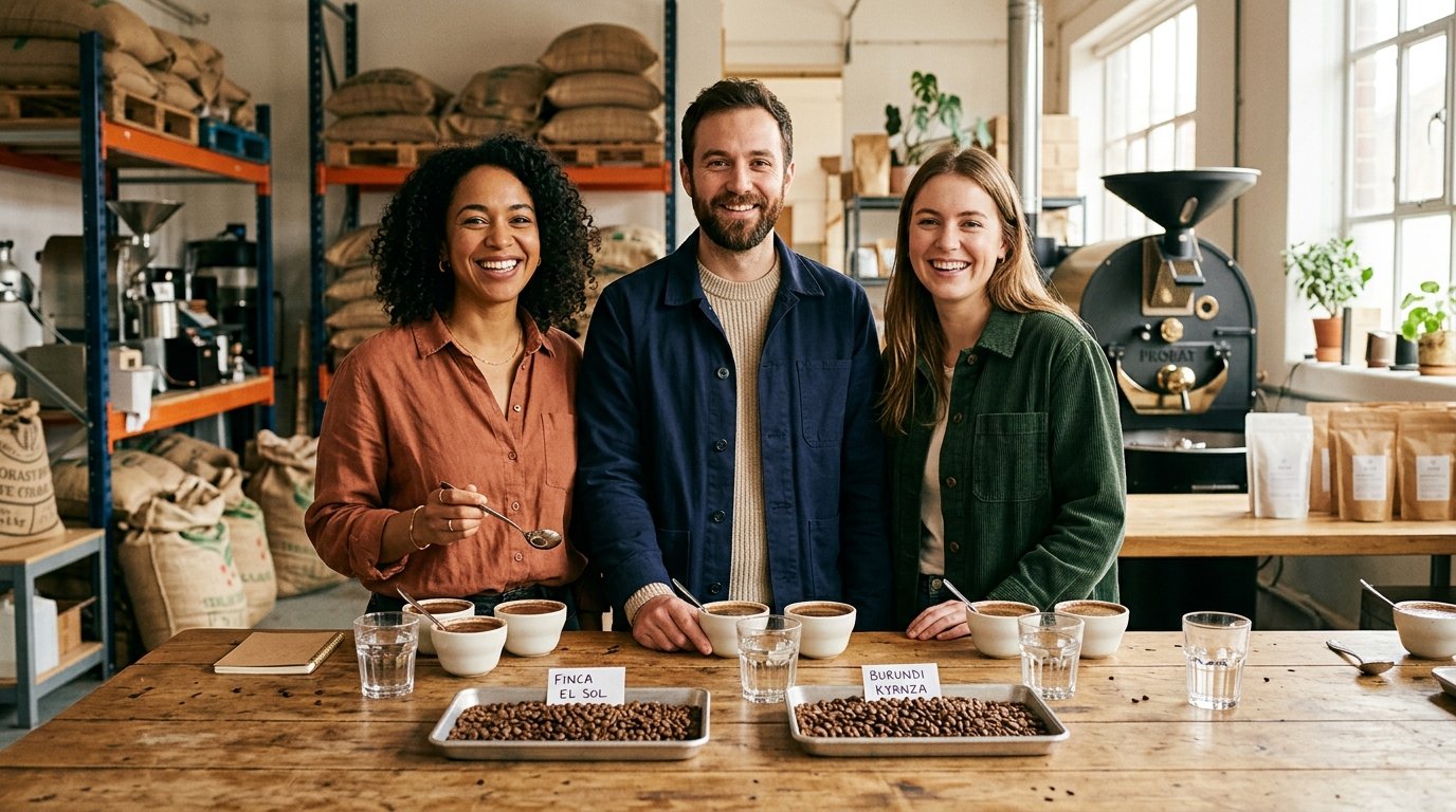Nuvii Coffee founding team sharing cupping bowls in roastery