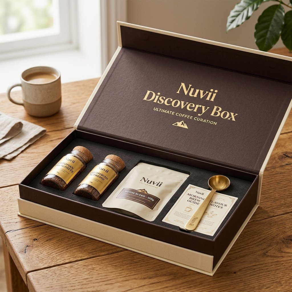Nuvii Coffee Discovery Box open gift set with coffee jars and brass spoon