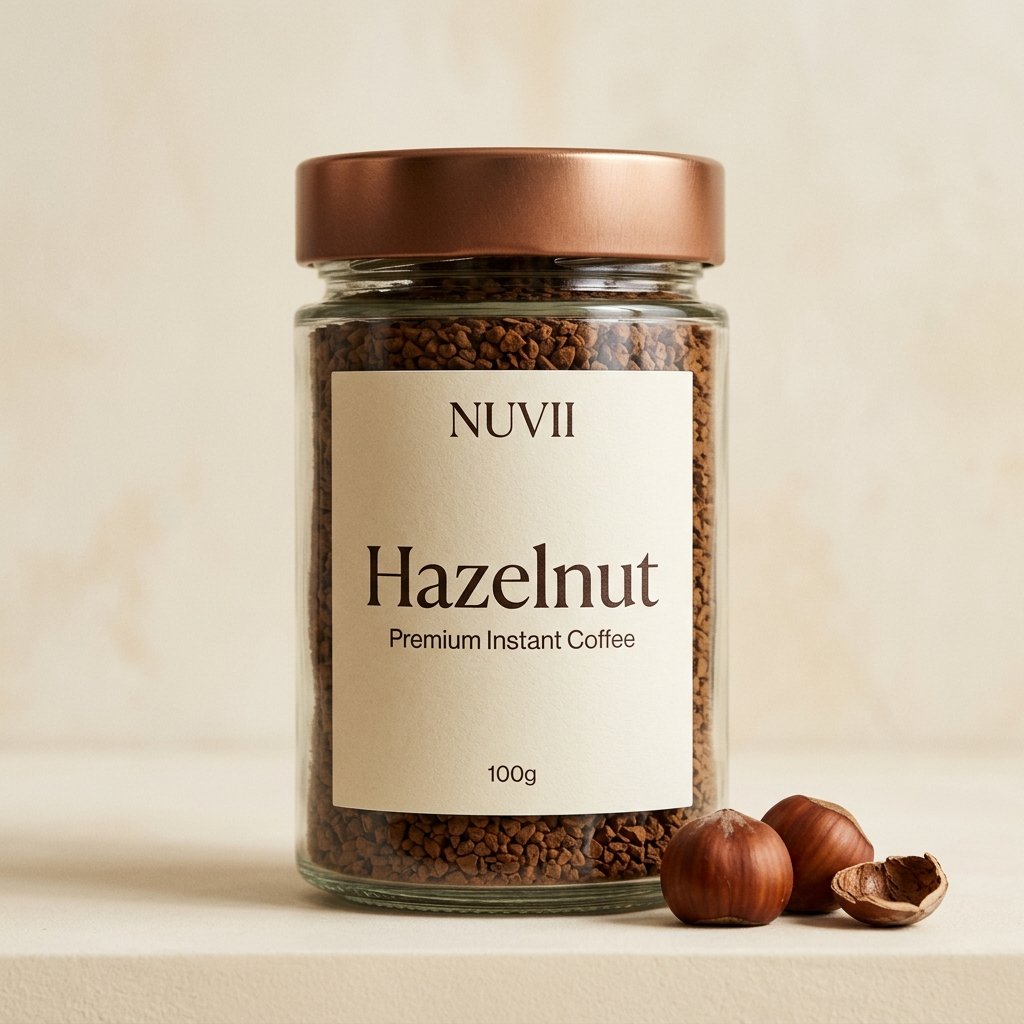 Nuvii Hazelnut Instant Coffee 100g glass jar with roasted hazelnuts